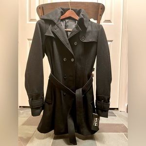 Women’s Mid-Length Peacoat - Black, Hooded - SMALL